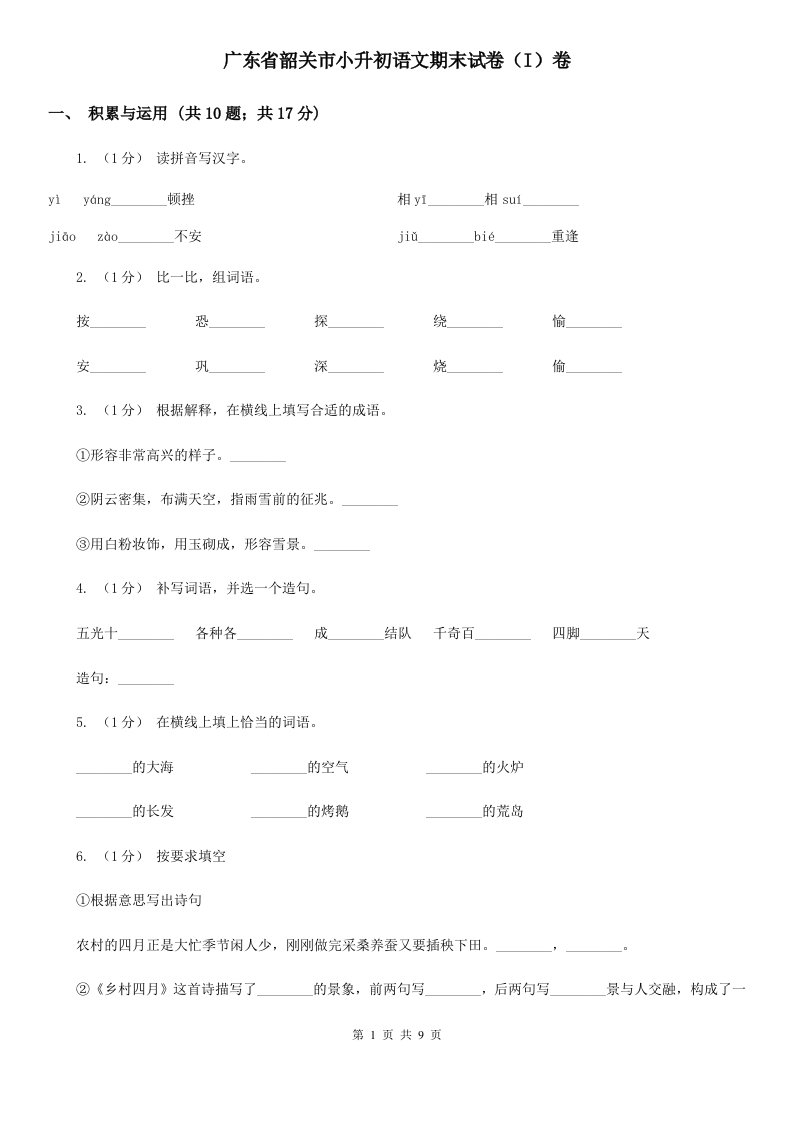 广东省韶关市小升初语文期末试卷（I）卷