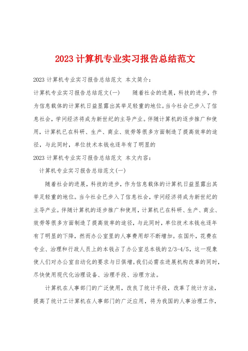 2023计算机专业实习报告总结范文