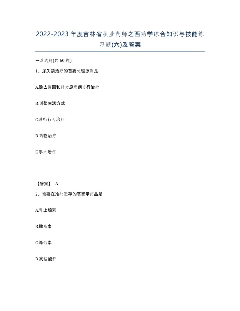 2022-2023年度吉林省执业药师之西药学综合知识与技能练习题六及答案