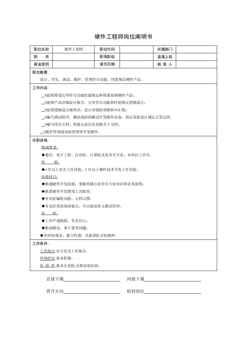 技术部硬件工程师岗位说明书样本