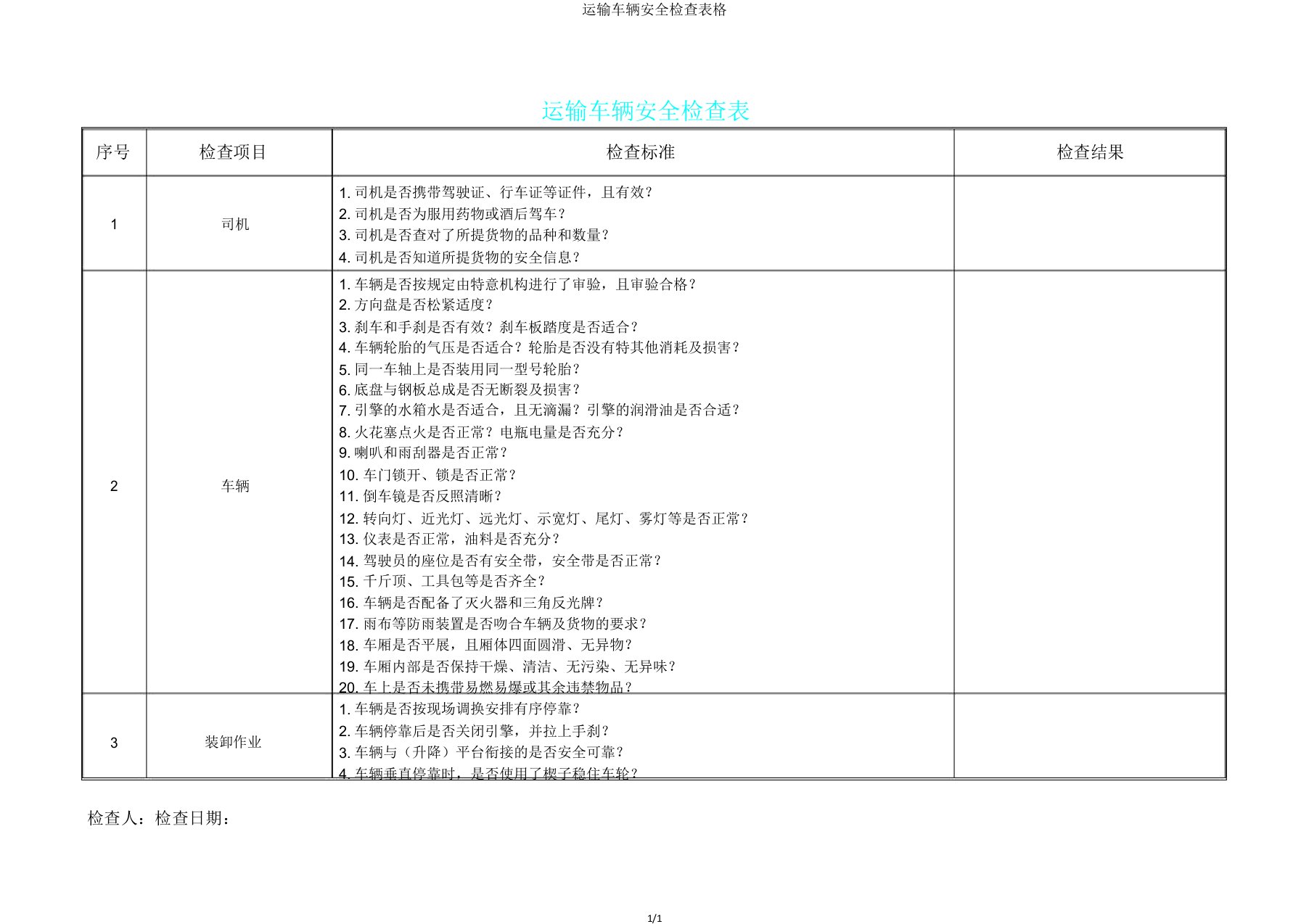 运输车辆安全检查表格