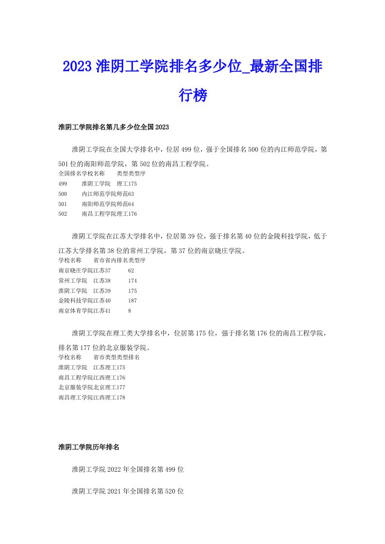 2023淮阴工学院排名多少位_最新全国排行榜