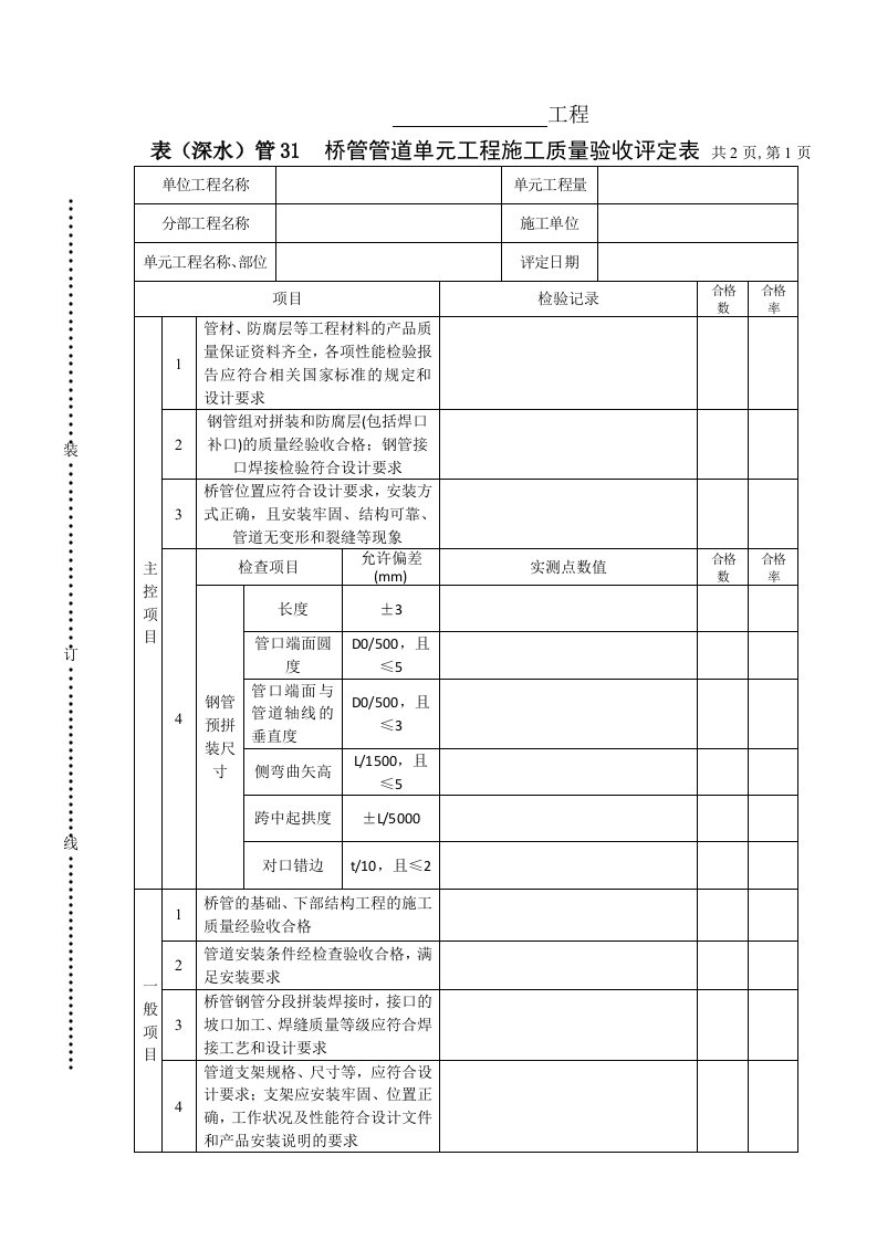 工程资料-表深水管31桥管管道单元工程施工质量验收评定表