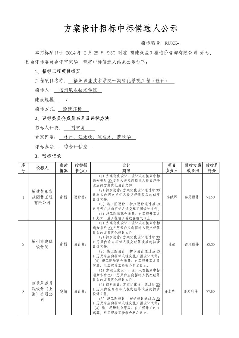 方案设计招标中标候选人公示