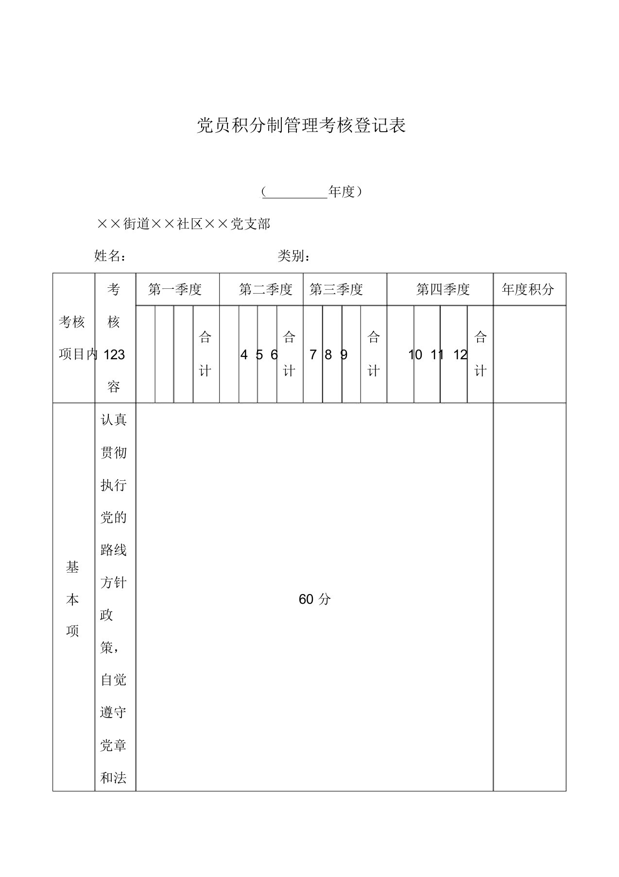 党员积分制管理考核登记表