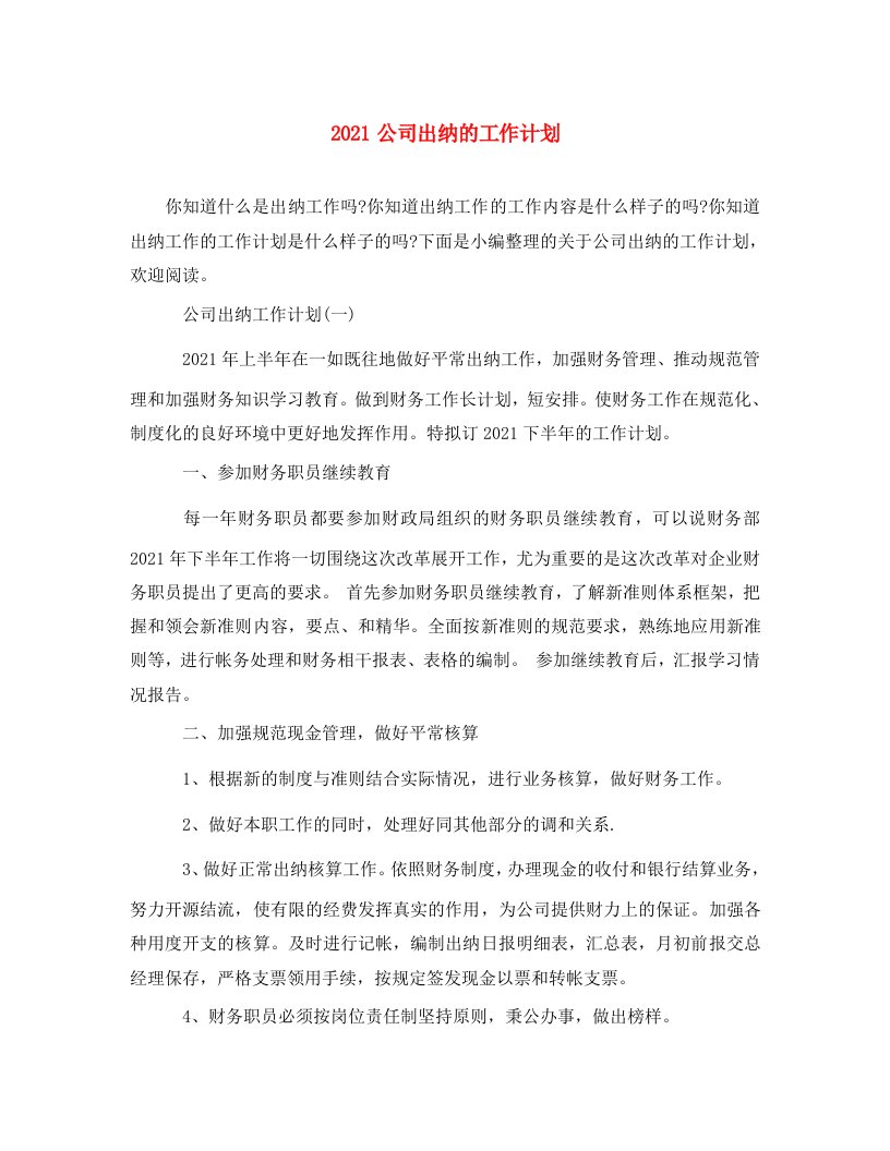 2021公司出纳的工作计划2WORD版