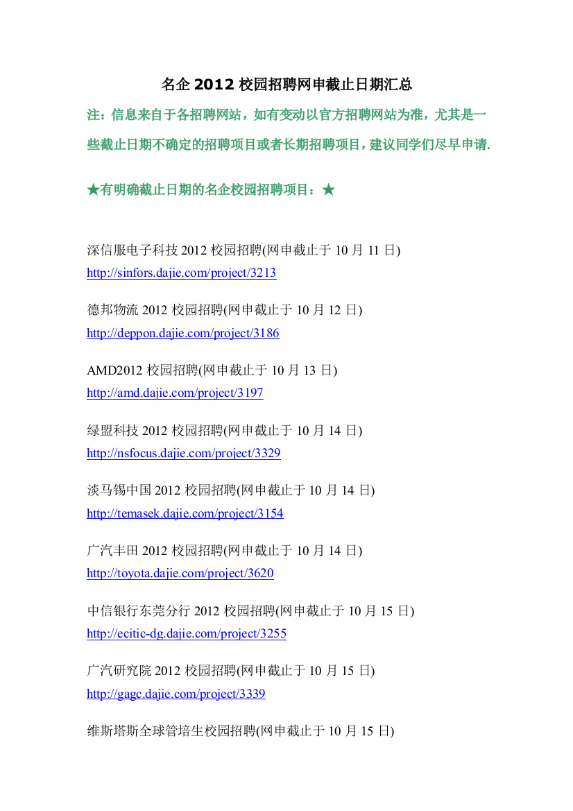 XXXX知名企业校园招聘网上申请截止日期汇总