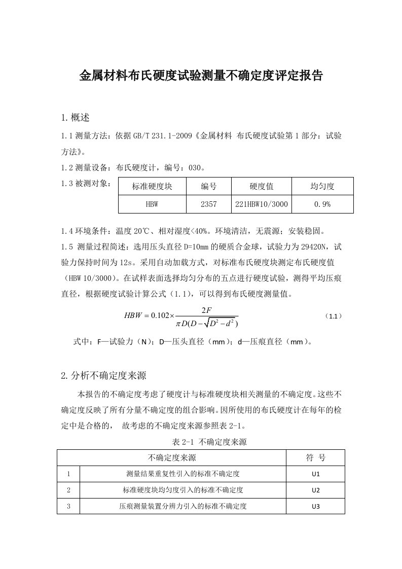 布氏硬度试验测量不确定度评定报告