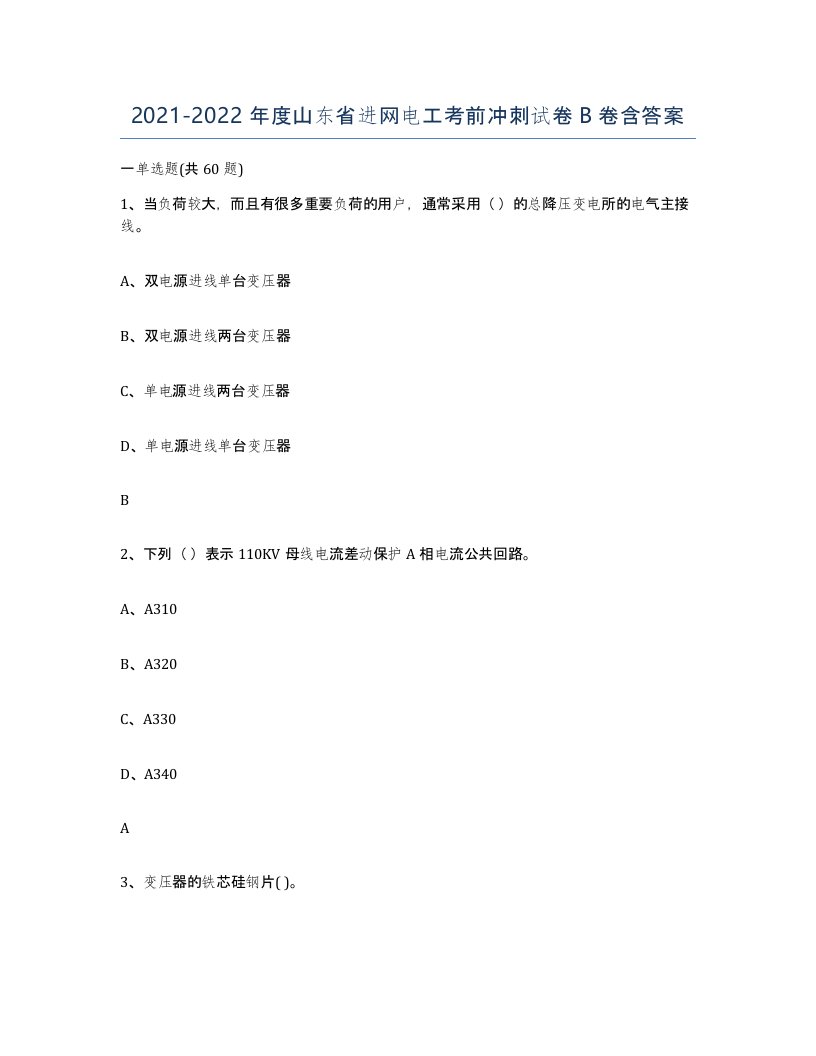 2021-2022年度山东省进网电工考前冲刺试卷B卷含答案