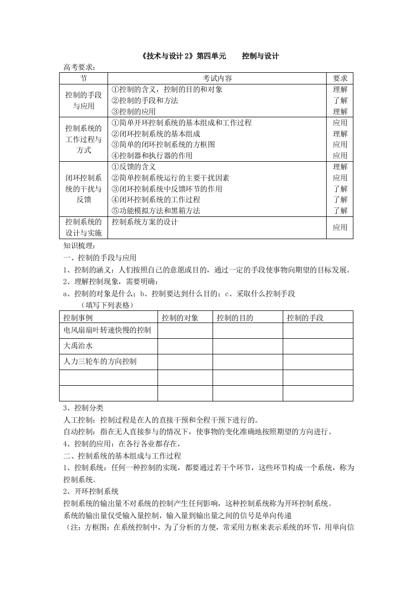 通用技术：第四单元学案：控制与设计（地质版必修2）