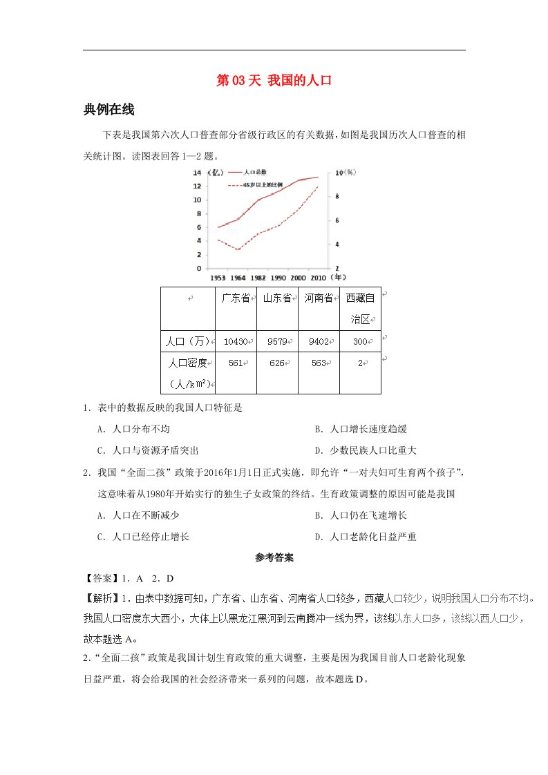 2017八年级地理暑假作业第03天我国的人口新人教版