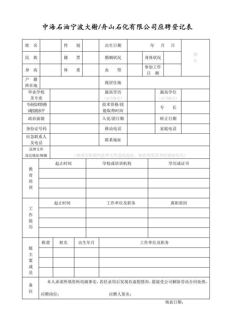 中海石油宁波大榭舟山石化有限公司应聘登记表