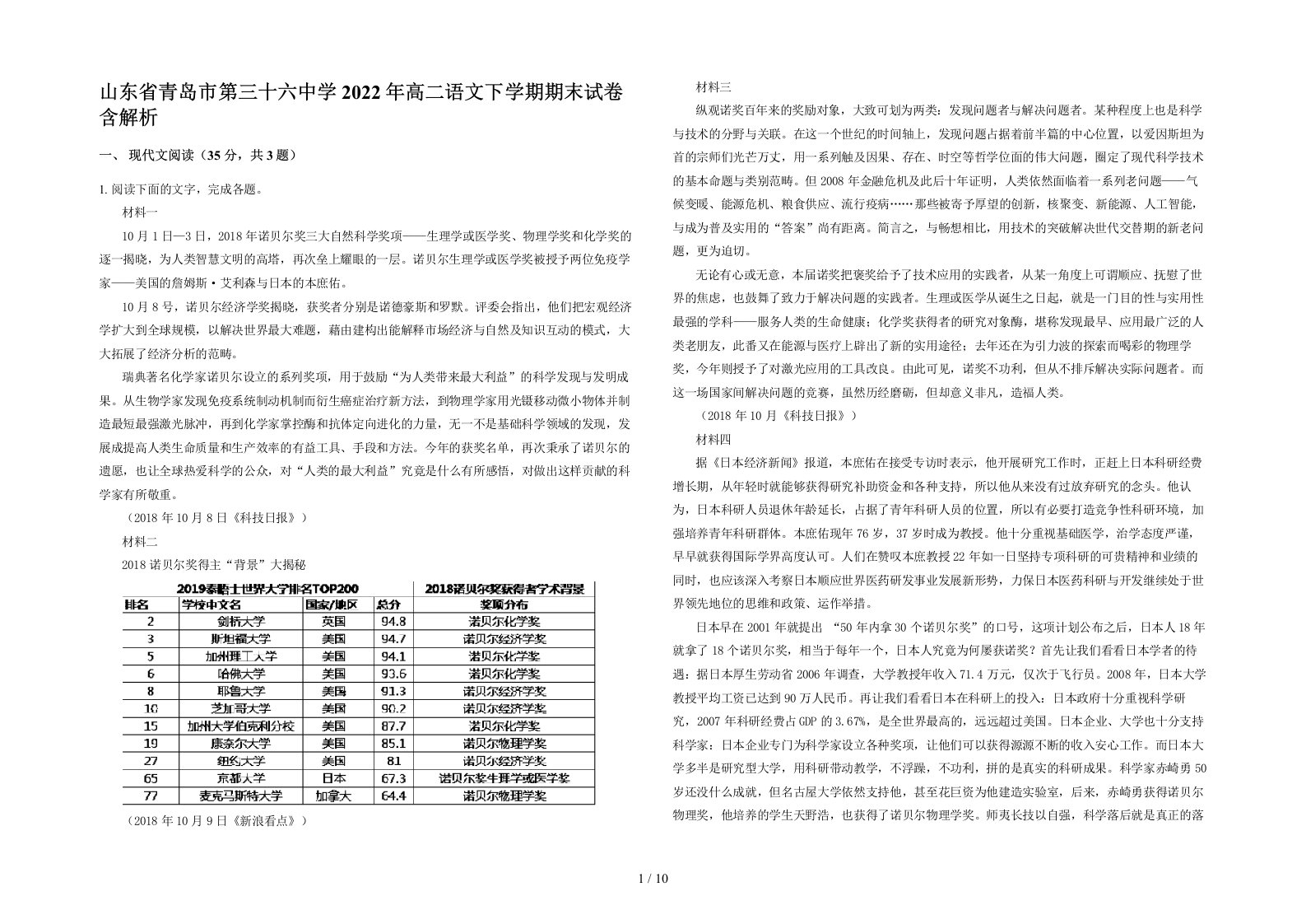 山东省青岛市第三十六中学2022年高二语文下学期期末试卷含解析