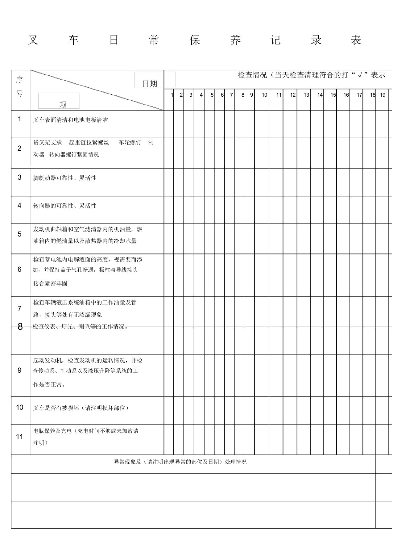 叉车日常保养记录表