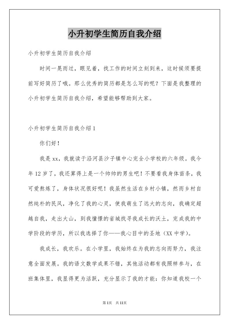 小升初学生简历自我介绍