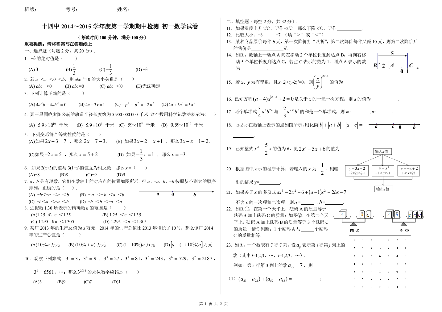 【小学中学教育精选】2014.11十四中初一数学期中试题(正式)