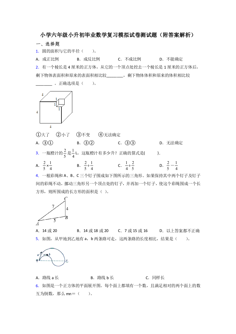 小学六年级小升初毕业数学复习模拟试卷测试题(附答案解析)