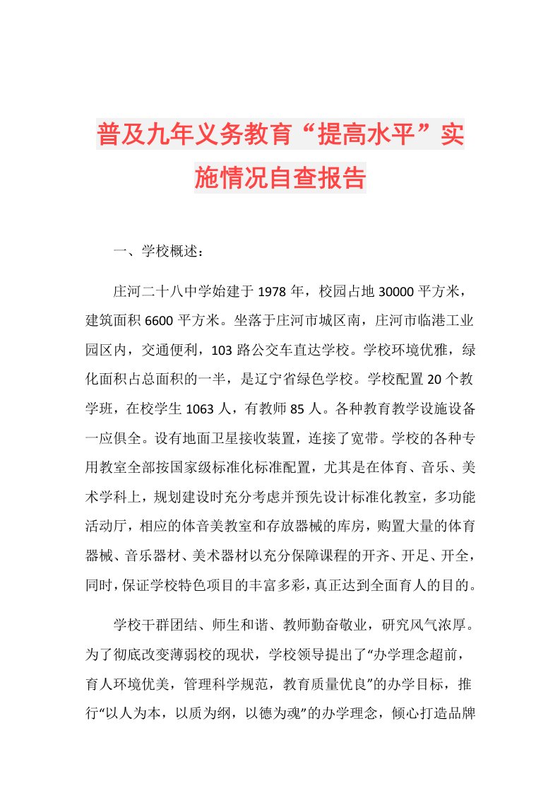 普及九年义务教育“提高水平”实施情况自查报告