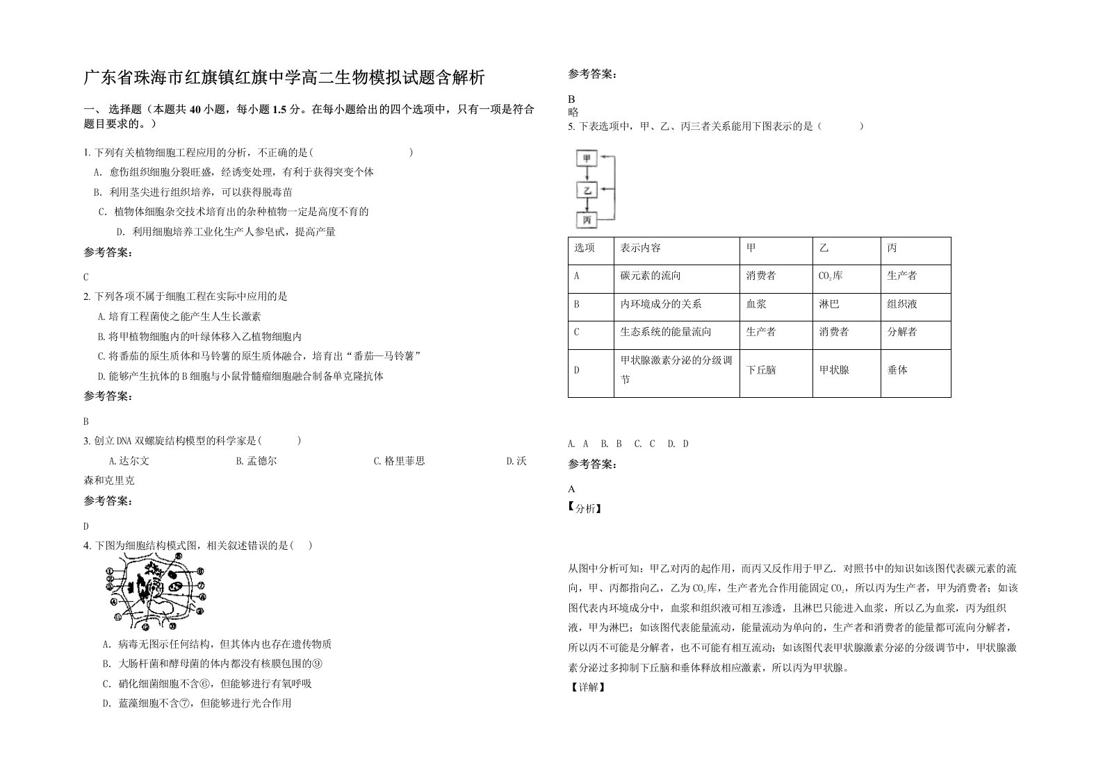 广东省珠海市红旗镇红旗中学高二生物模拟试题含解析