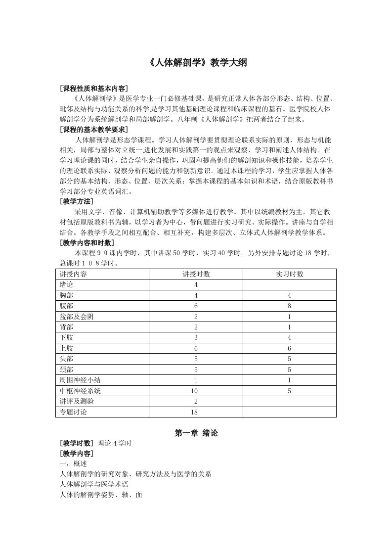 人体解剖学教学大纲