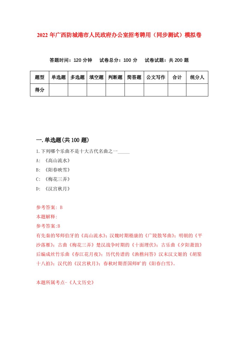 2022年广西防城港市人民政府办公室招考聘用同步测试模拟卷第66卷