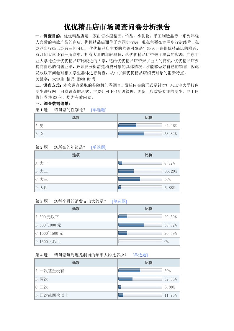 某精品店市场调查问卷分析报告