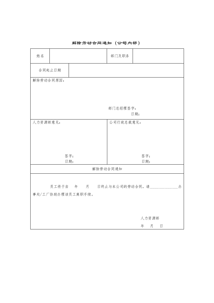 某涂料公司解除劳动合同通知