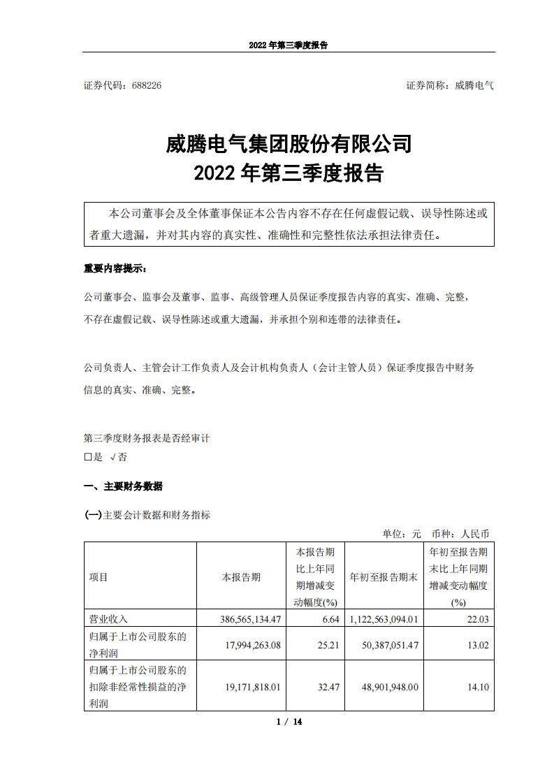 上交所-威腾电气集团股份有限公司2022年第三季度报告-20221027