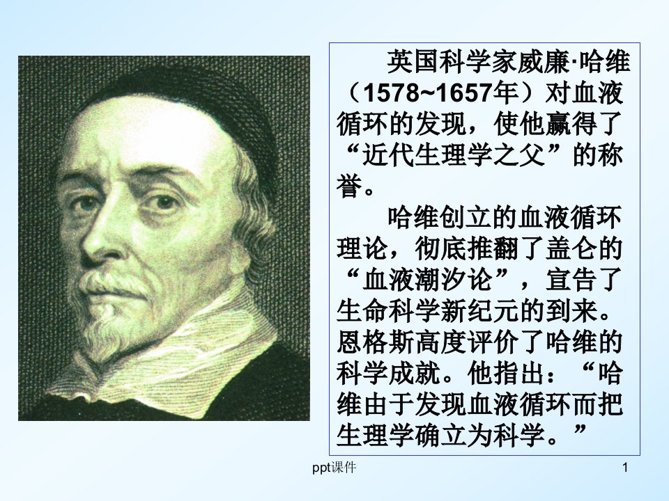 英国科学家威廉哈维(1578~1657年)对血液循环的发现