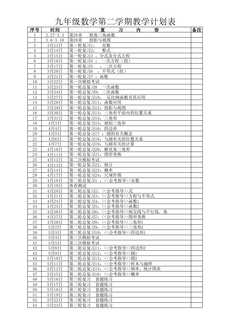 九年级数学复习计划安排表