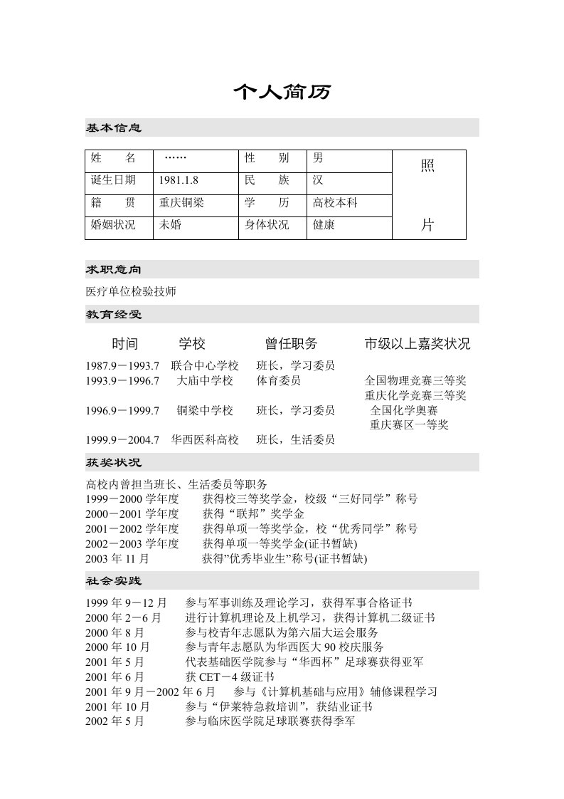 四川大学毕业生自荐书（简历）模板1