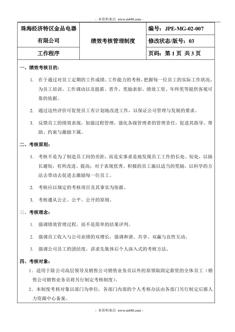 金品电器公司绩效考核管理制度DOC-人事制度表格