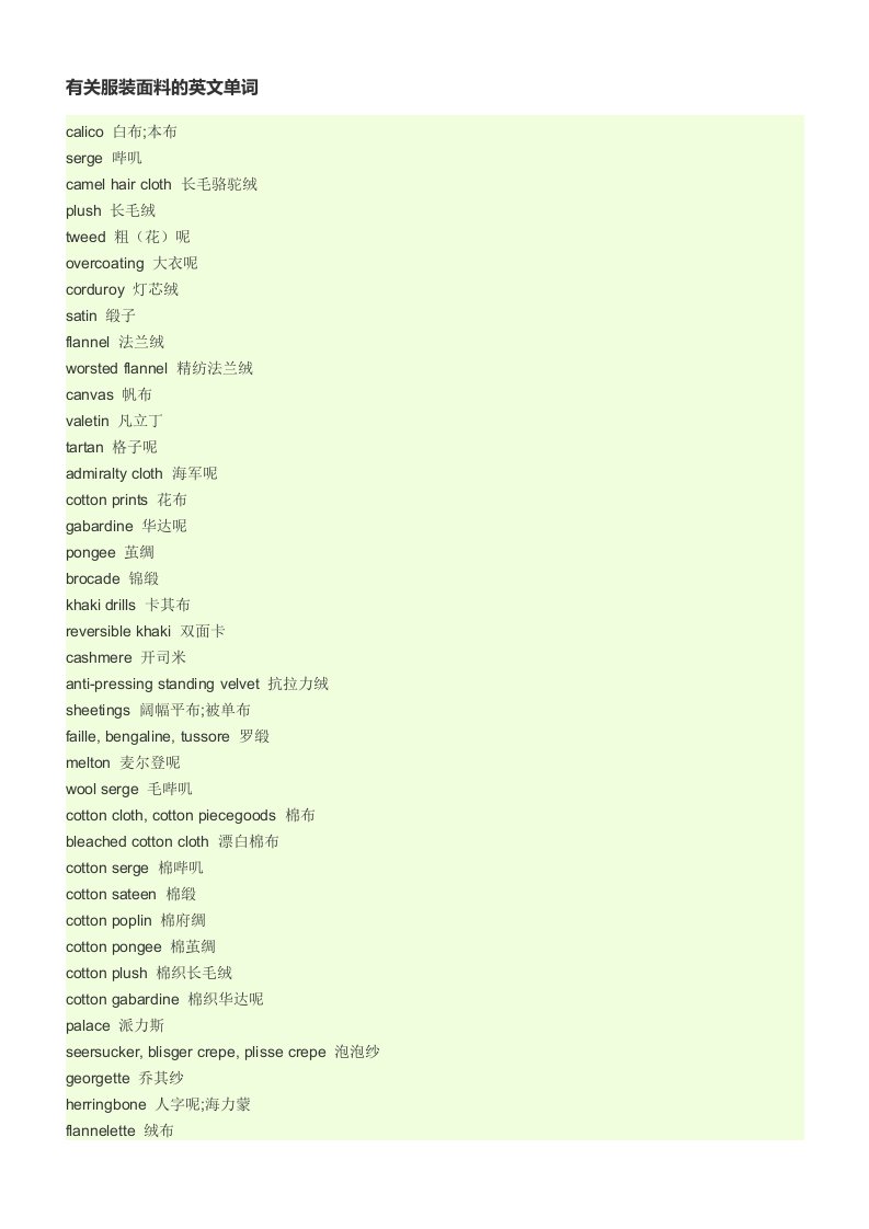 服装行业管理-有关服装面料的英文单词