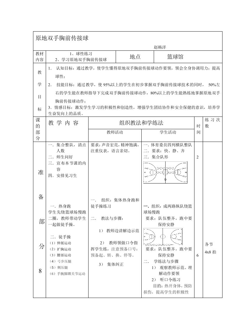 原地双手胸前传接球教案