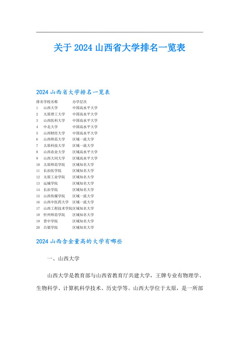 关于2024山西省大学排名一览表