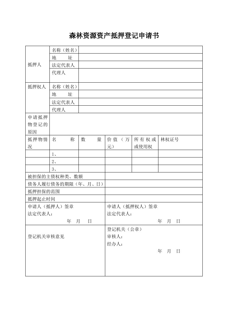 森林资源资产抵押登记申请书