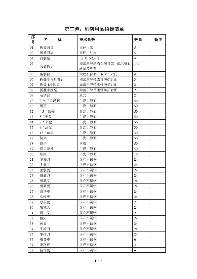 第三包酒店用品招标清单