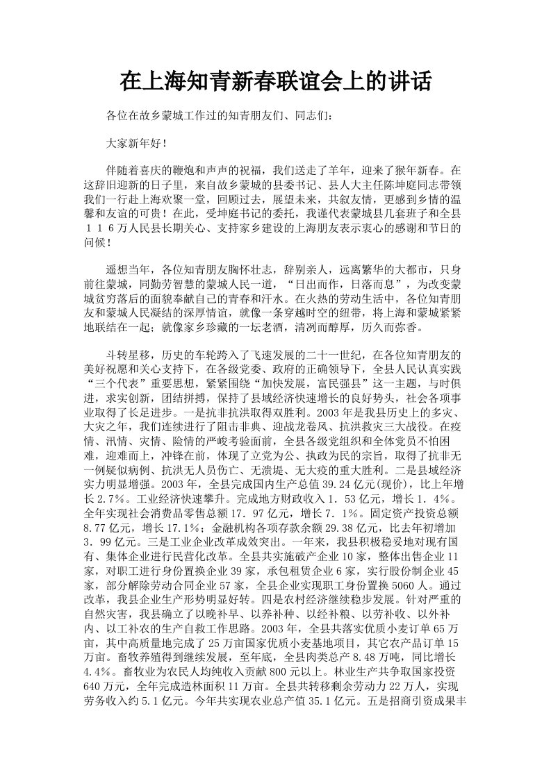 在上海知青新春联谊会上的讲话