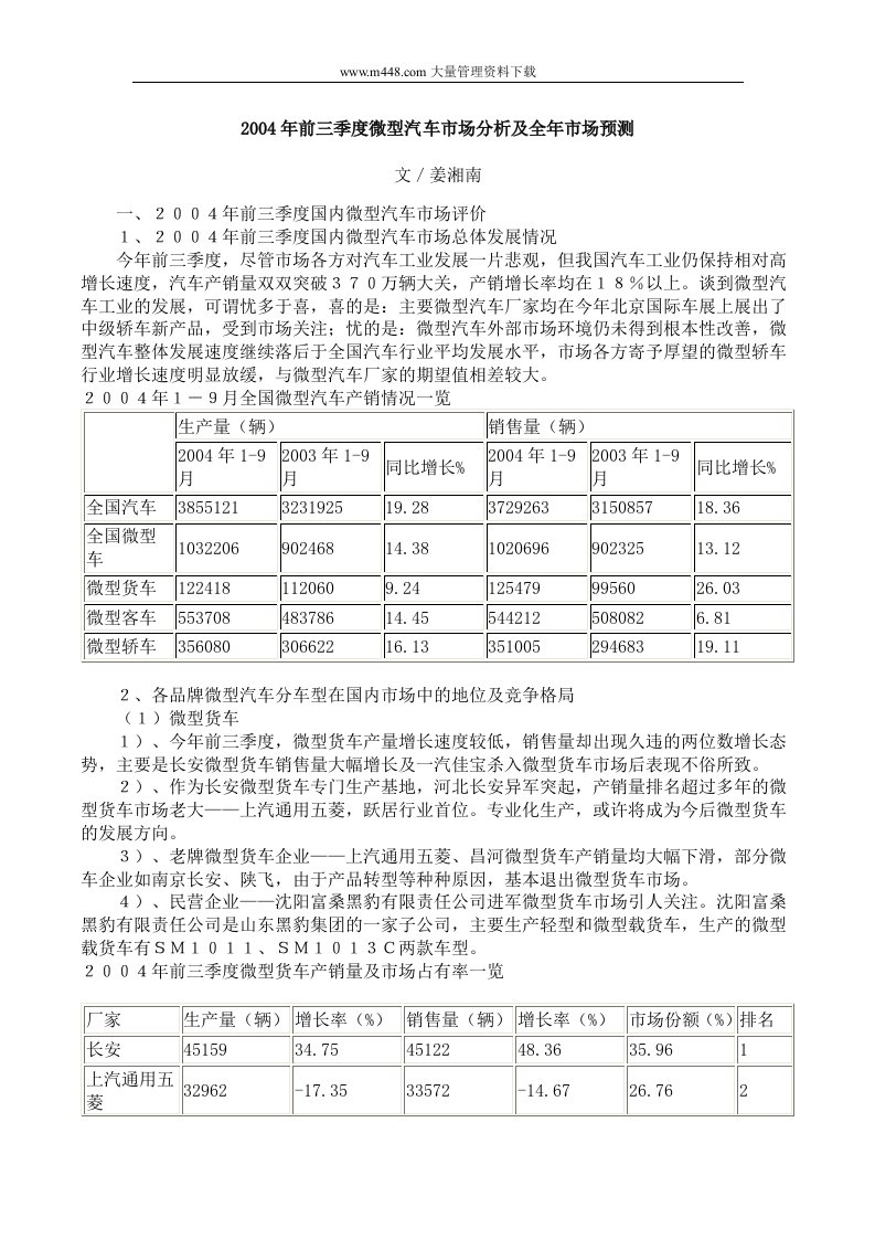 2004年前三季度微型汽车市场分析及全年市场预测（DOC10）-汽车