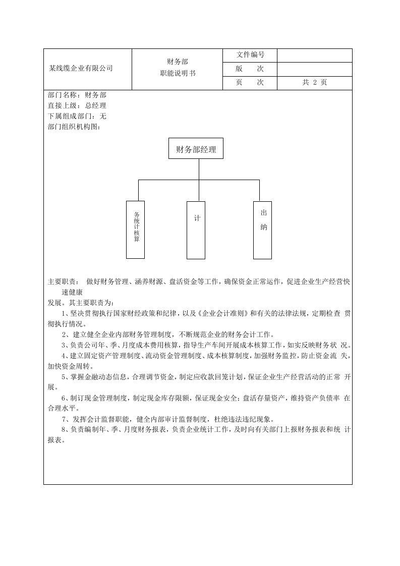 某线缆公司财务部职能说明书