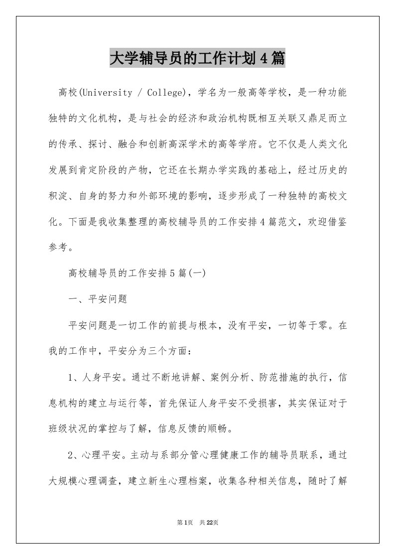 大学辅导员的工作计划4篇