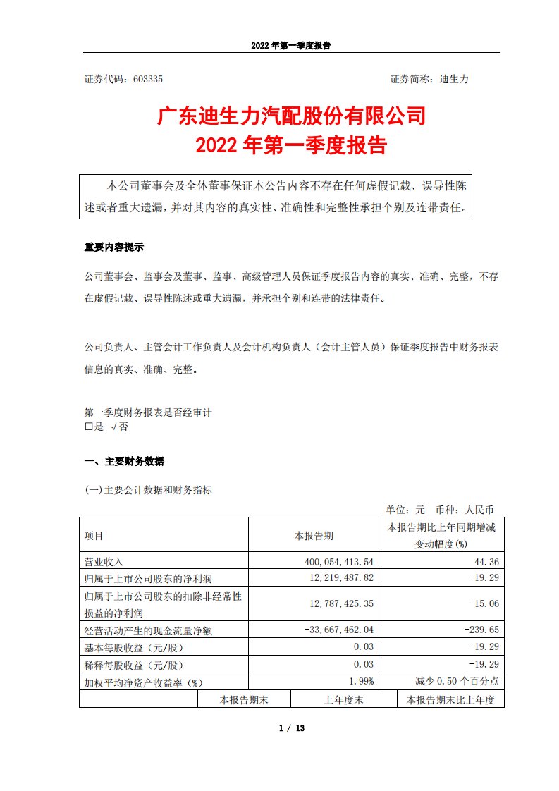 上交所-广东迪生力汽配股份有限公司2022年第一季度报告-20220427