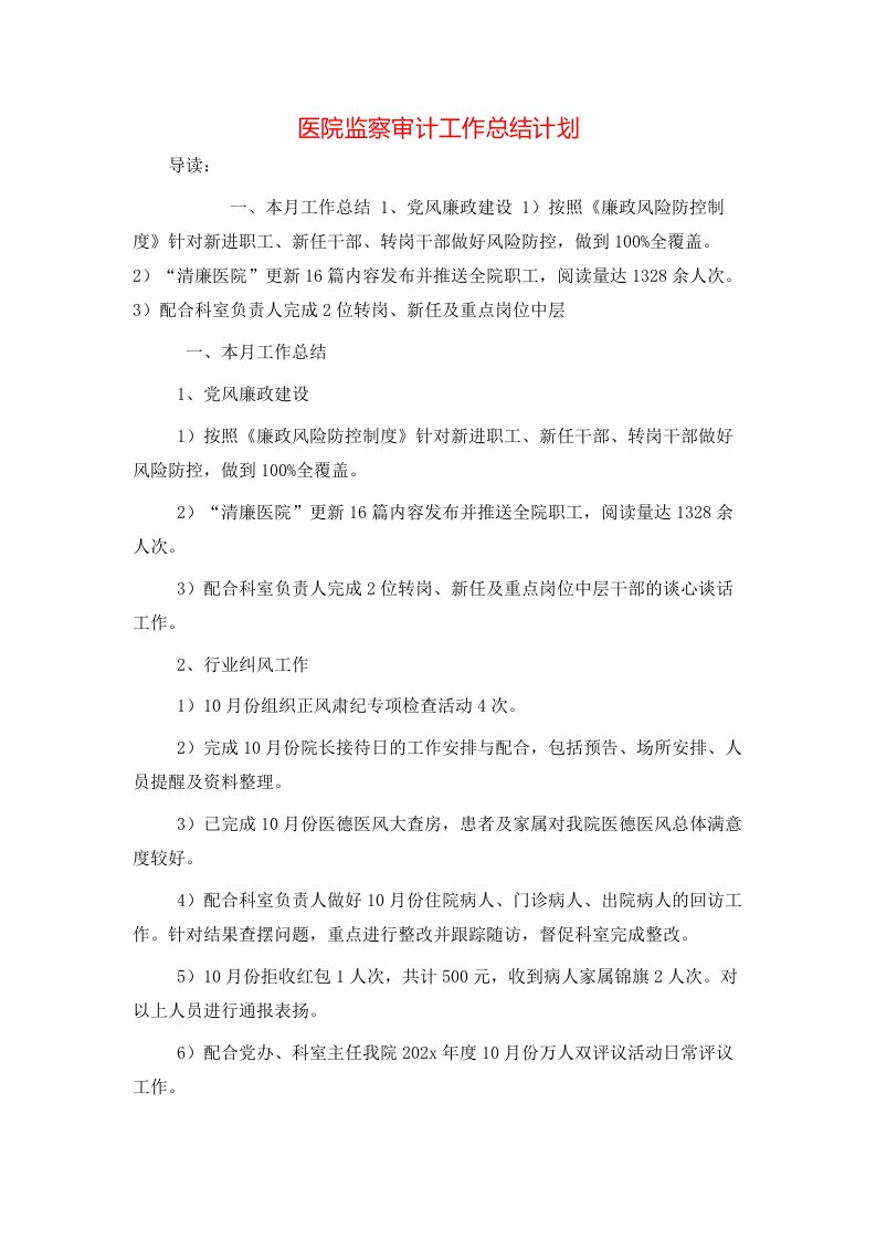 医院监察审计工作总结计划