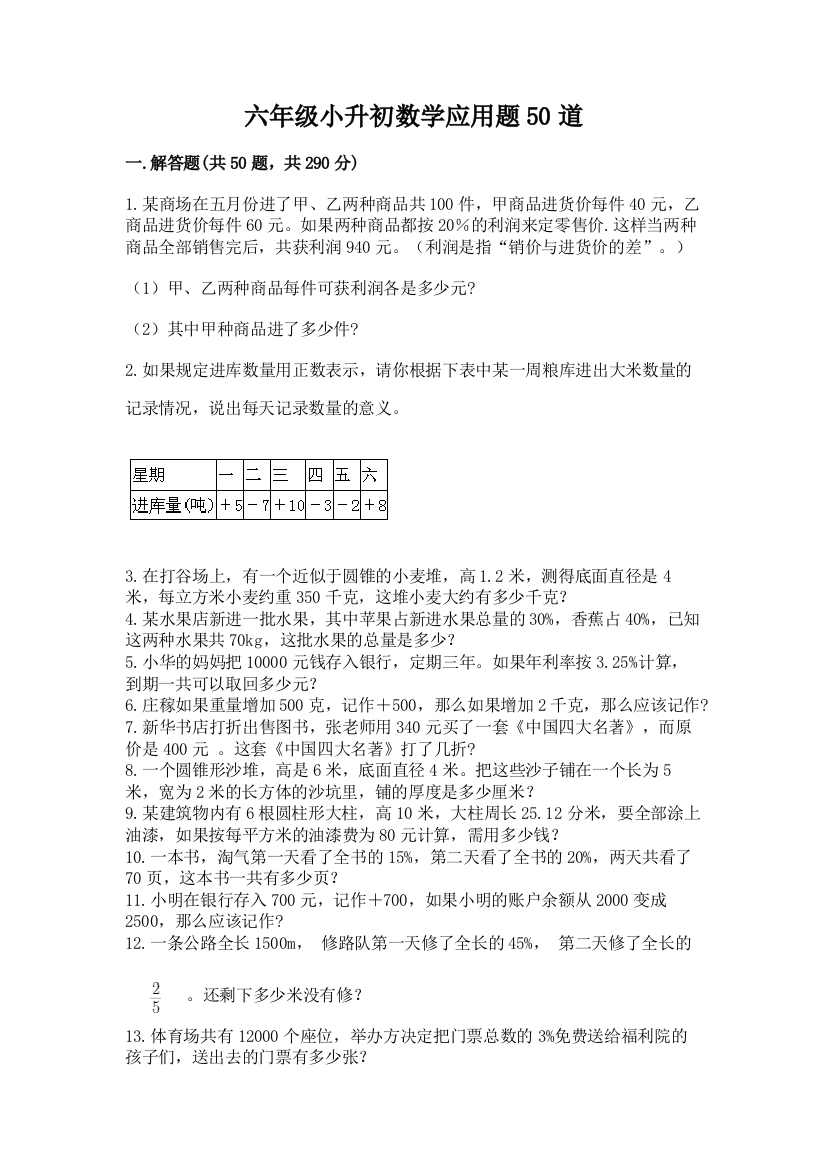 六年级小升初数学应用题50道精品(巩固)