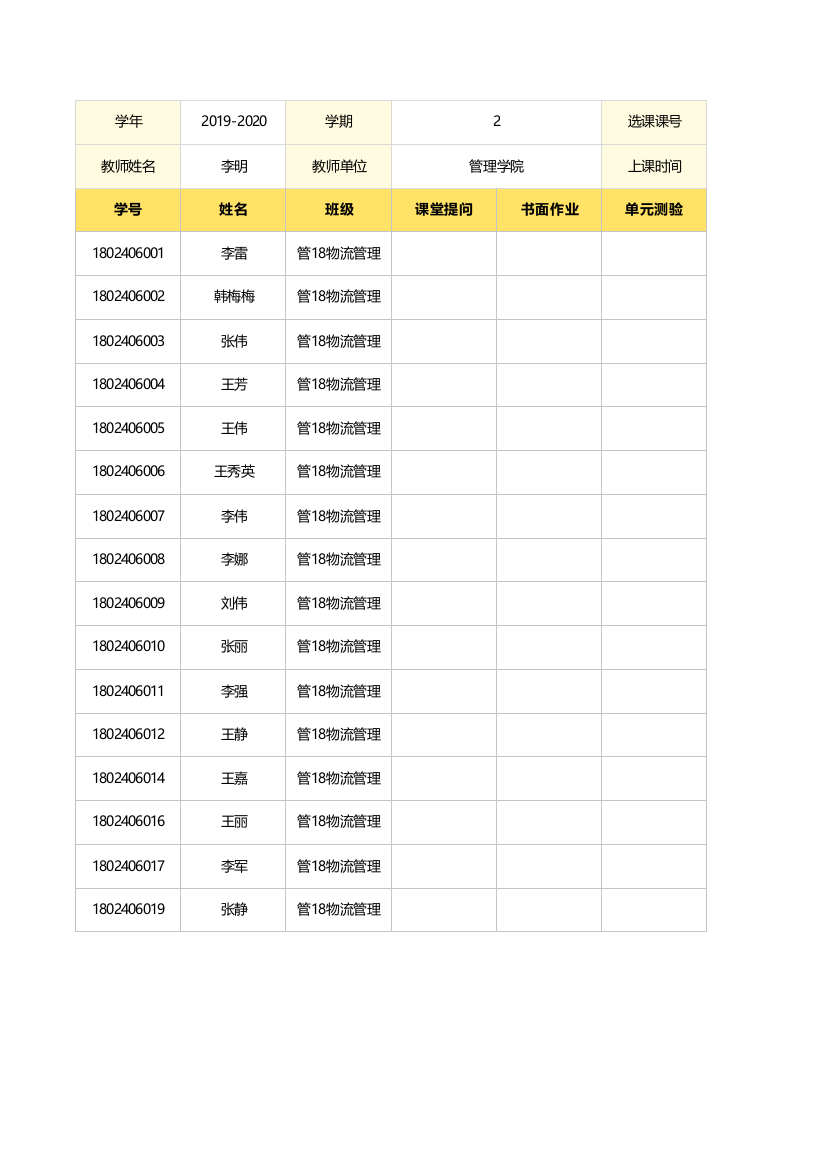 课堂考核成绩记录表