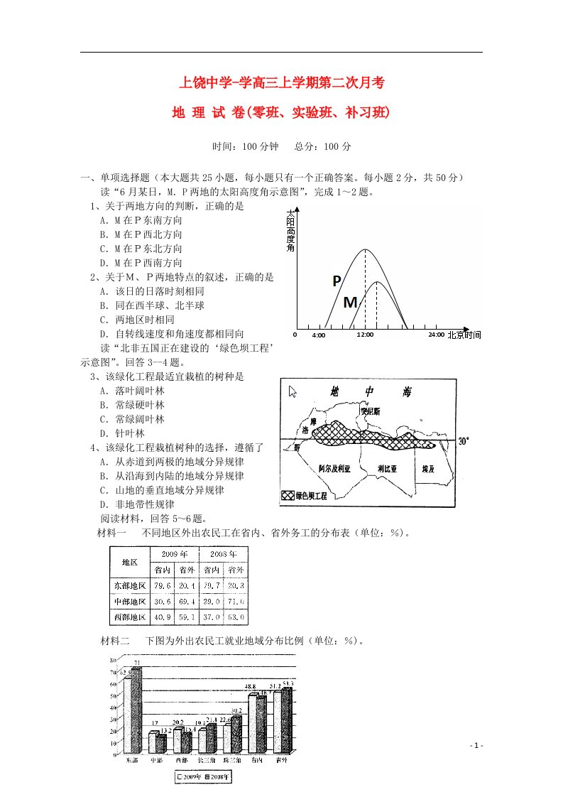 江西省上饶市上饶中学高三地理上学期第二次月考试题（零班、实验班、补习班）