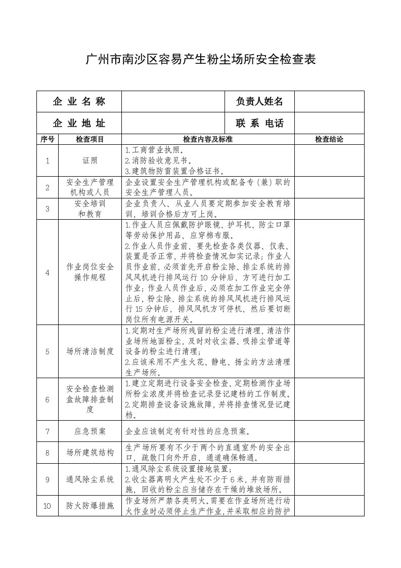 广州市南沙区容易产生粉尘场所安全检查表