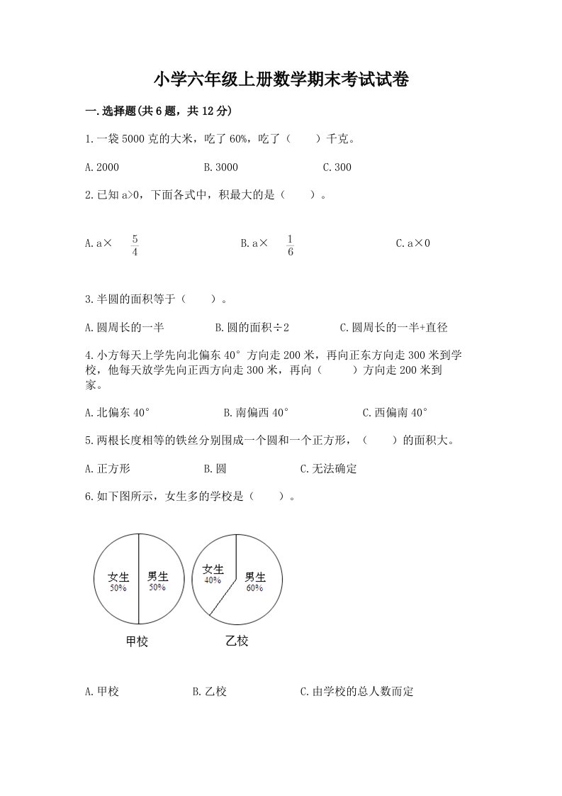 小学六年级上册数学期末考试试卷完整