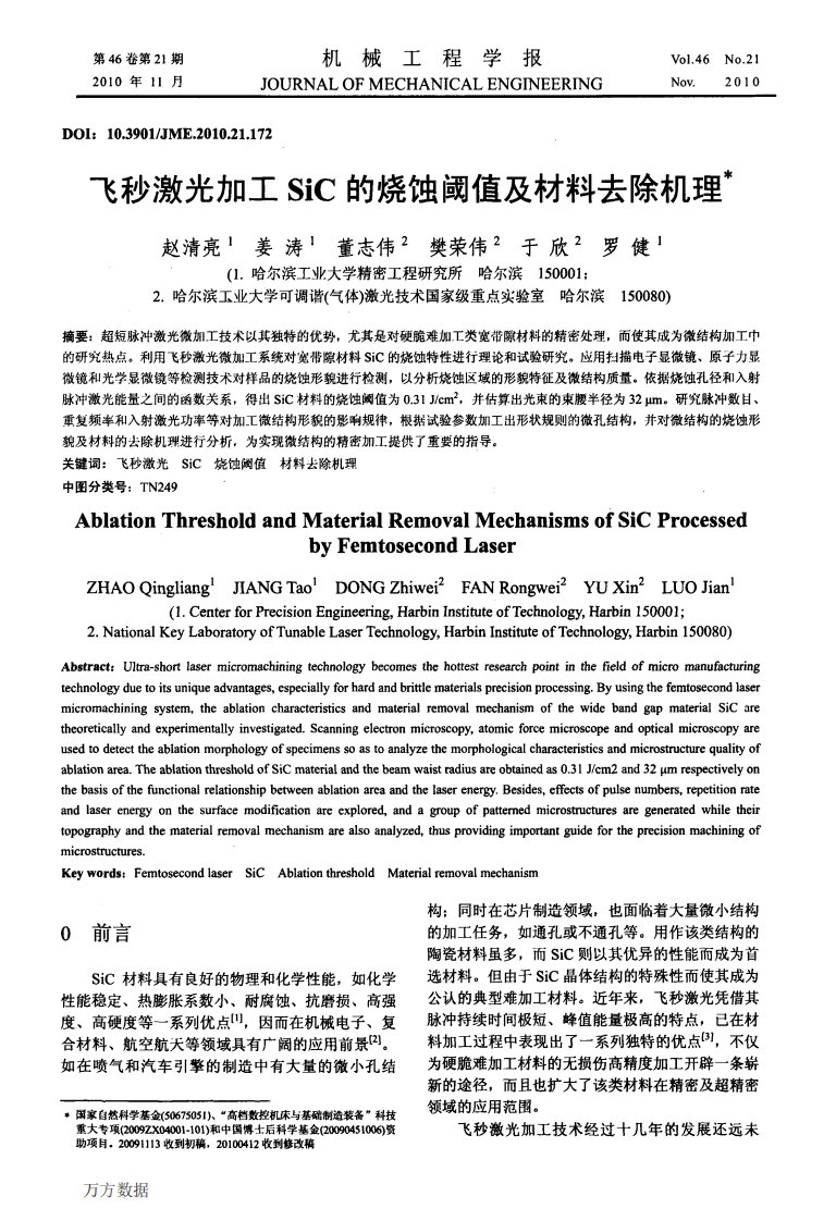 飞秒激光加工SiC的烧蚀阈值及材料去除机理