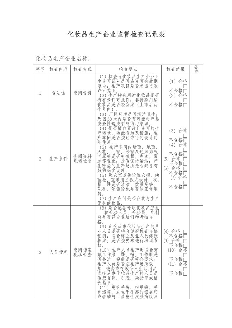 化妆品生产企业监督检查记录表